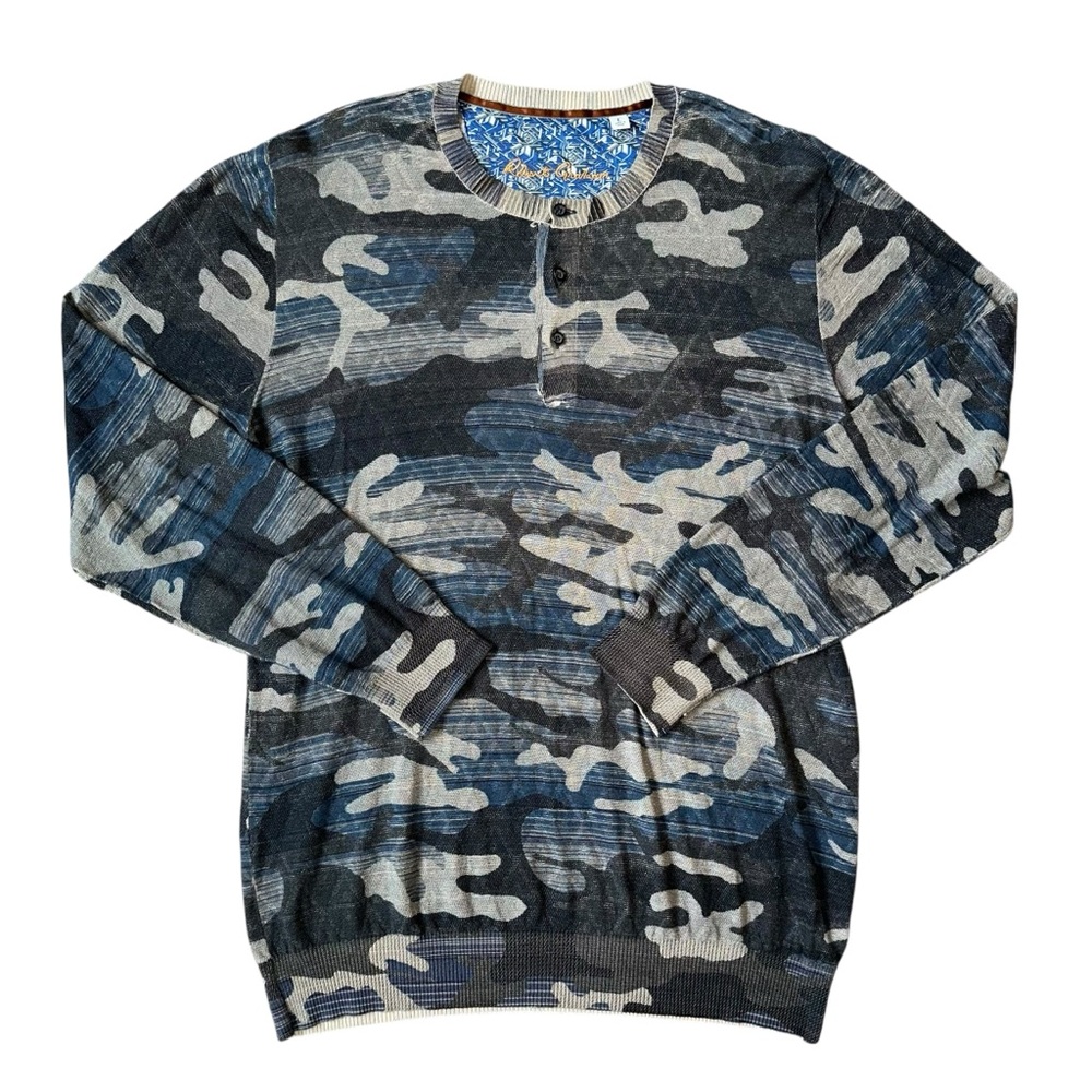 Robert Graham Thin Navy Gray Tan Camo Print Henley Linen Blend Sweater Large